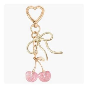 2/$30 Cherry Champagne Gold Pink Heart and Bow Keychain Bag Charm Clip Gift NWT